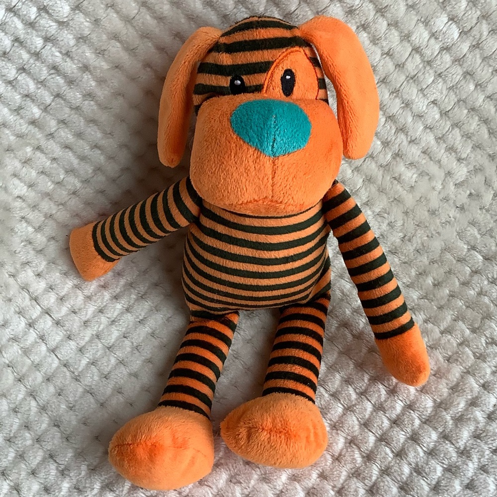 Beverly Hills Teddy Bear Co Plush Rattle Orange Black Striped Dog Stuffed Animal